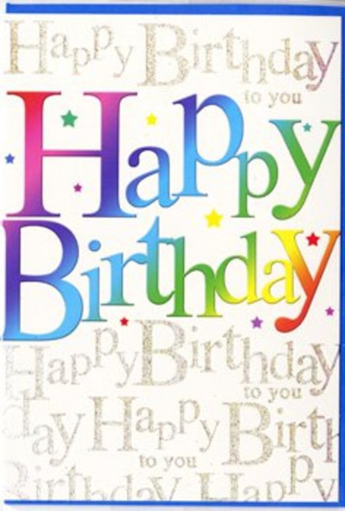 Laid out as if waiting beside a vase of fresh flowers on a Gants Hill kitchen counter, this birthday card radiates a sense of immediate festivity. The centrepiece is the bold Happy Birthday greeting, written in expansive, rounded letters that stretch generously across the front. Each letter holds a carefully blended gradient of colour, transitioning through a full spectrum: rich crimson at one curve softens into tangerine, which melds into mellow yellow, crisp green, cool teal, and finally lapses into royal blue and deep purple. The transitions are perfectly smooth, evoking the soft shading you'd see in a hand-tied bouquet designed to echo the colours of a rainbow over Valentines Park. The typeface feels approachable and modern, with clean edges that stand out distinctly from the more intricate background. Behind the central greeting, the card's surface is layered with lines of repeating cursive text, the words Happy Birthday to you written in a fine, flowing script that arcs and loops gracefully. This secondary text is cast in warm, metallic gold and accented with delicate glitter, creating a subtle sparkle across a gentle, cream-toned backdrop. The shimmer is not overpowering; instead, it suggests the glint of late afternoon sun on passing cars around the Gants Hill roundabout or the twinkle of fairy lights at a birthday gathering. Tiny scatterings of dot-like sparkles and star-shaped flecks peek between the lines, giving the impression of confetti or tiny bursts of light punctuating the golden script. The surface appears smooth and slightly glossy, sturdy enough to stand upright when opened, yet refined in finish. Overall, the composition offers a harmonious blend of bold colour and understated luxury, making this card a fitting companion to vibrant birthday blooms delivered across Gants Hill, capturing the joy, warmth, and thoughtfulness of a well-planned celebration.