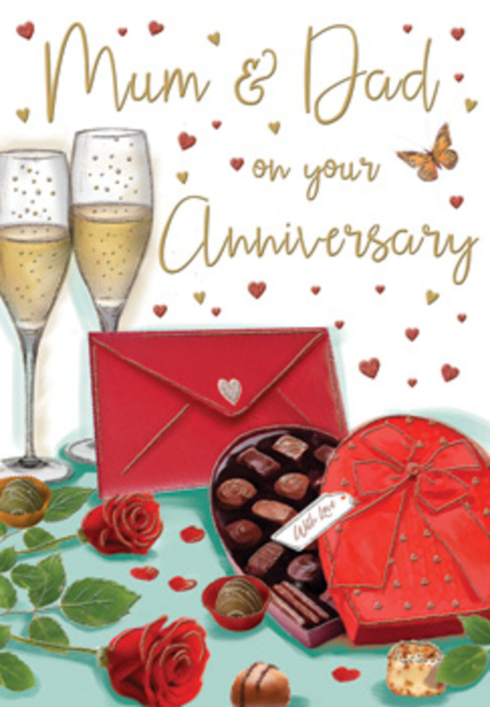 Detailed anniversary card artwork featuring classic symbols of celebration-roses, champagne, chocolates, and a love-filled envelope-described from the viewpoint of a local Gants Hill florist. In the foreground, two exquisitely drawn red roses rest at a gentle angle, their petals full and velvety, layered like soft fabric, hinting at the same care used when creating hand-tied bouquets in studios off Cranbrook Road. Their rich crimson hue is framed by deep green foliage, leaves shining softly as if touched by a warm evening light. Next to the roses sits a heart-shaped chocolate box coloured in a bold, romantic red. The lid, still attached, is tipped open and crowned with a dramatic red bow whose satin loops arc elegantly, echoing the curves of the petals. Inside the box, neat rows of chocolates are visible, each piece distinct, their smooth surfaces suggesting indulgent fillings and the sweetness of sharing a treat with someone you love. Behind this arrangement, two tall, clear champagne flutes rise together, filled with golden fizz; trails of fine bubbles shimmer up the sides, frozen in the instant before an anniversary toast. Scattered across the card are golden and crimson hearts, floating lightly in the background, creating a festive frame around handwritten wishes addressed to Mum & Dad. A scarlet envelope lies nearby, sealed and slightly askew, implying a personal, handwritten message waiting to be opened in a Gants Hill living room after a relaxed evening, perhaps following a stroll through Valentines Park. The composition radiates a sense of warmth, intimacy, and celebration, reflecting the kind of heartfelt anniversary moment where flowers, chocolate, champagne, and loving words all come together.