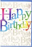 This birthday card feels like a joyful exclamation captured in paper form, the kind of bright, uplifting design you could imagine being chosen in a Gants Hill flower shop before heading to a party. Across the middle, the words Happy Birthday are written large and clear, their rounded, friendly letters filled with a smooth, luminous rainbow gradient. Deep berry reds give way to fiery orange, then to a glowing, buttery yellow, followed by fresh grassy green and tranquil shades of blue, ending in soft violet and royal purple. The colours blend fluidly, as if washed with delicate watercolour, echoing the subtle transitions a skilled florist uses when pairing blooms in complementary tones. The greeting stands in strong contrast against a more intricate backdrop, ensuring it is instantly readable while still feeling artistic. Behind this primary message, the entire background is alive with fine lines of cursive writing, repeating Happy Birthday to you in an elegant, looping script. This script is rendered in a warm gold hue accented with fine glitter, which catches the light gently, much like the faint sparkle of evening lights beginning to glow along Eastern Avenue. The golden words form a continuous pattern, wrapping the main message in a soft halo of repeated good wishes. Between the swirls and curves of the calligraphy, tiny flecks of metallic shimmer and confetti-like dots appear, giving the design a sense of fun, bubbly movement. The base tone of the card is pale and neutral, allowing the rainbow text and golden script to shine without distraction. Altogether, it feels like a card chosen with care-ideal for pairing with fresh birthday flowers delivered locally in Gants Hill to create a moment that feels genuinely celebratory and warmly personal.
