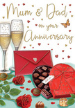Anniversary card design rich with romantic detail-two red roses, sparkling champagne, and an open box of chocolates-brought to life with the sensitivity of an experienced Gants Hill florist. The scene begins with a pair of plush crimson roses resting on a smooth tabletop, their petals curved and layered in tight, velvety spirals that suggest both freshness and tenderness, like stems just arranged for same-day delivery around Gants Hill. Shiny green leaves cradle the blooms, adding depth and contrast. Beside them, a bold heart-shaped chocolate box in deep red draws the eye. Its lid is tipped open and topped with an elaborate red bow, the satin ribbon catching highlights along its folds. Inside, an assortment of chocolates is laid out with care, each piece glistening softly, evoking the luxurious aroma of cocoa and the joy of shared treats. Standing just behind are two slim champagne flutes brimming with golden fizz; fine streams of bubbles dance upward, creating a sense of anticipation, as though a couple is about to raise a toast to many more years together. Across the background, golden and crimson hearts drift like confetti, surrounding a graceful handwritten message to Mum & Dad. A bright red envelope lies close at hand, sealed and poised to reveal heartfelt words, perhaps written after a peaceful walk near Valentines Park or a cosy evening in a Gants Hill home. The entire illustration is bathed in warm, glowing tones, evoking romance, comfort, and gratitude-the feeling of a cherished anniversary where simple, beautiful details speak louder than any grand gesture.